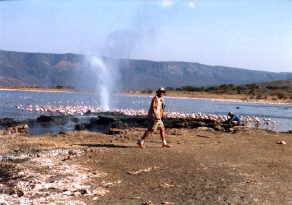 Dr. Harper strides  by the hot springs